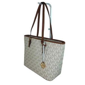 Michael Kors Quinn Large Signature Logo and Leather Tote - Vanilla/Acorn - NWOT